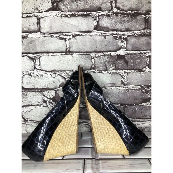 Brighton Riva Blue Croc Patent Leather Espadrille High Wedge Women Sz 9M US/40EU - Picture 4 of 16